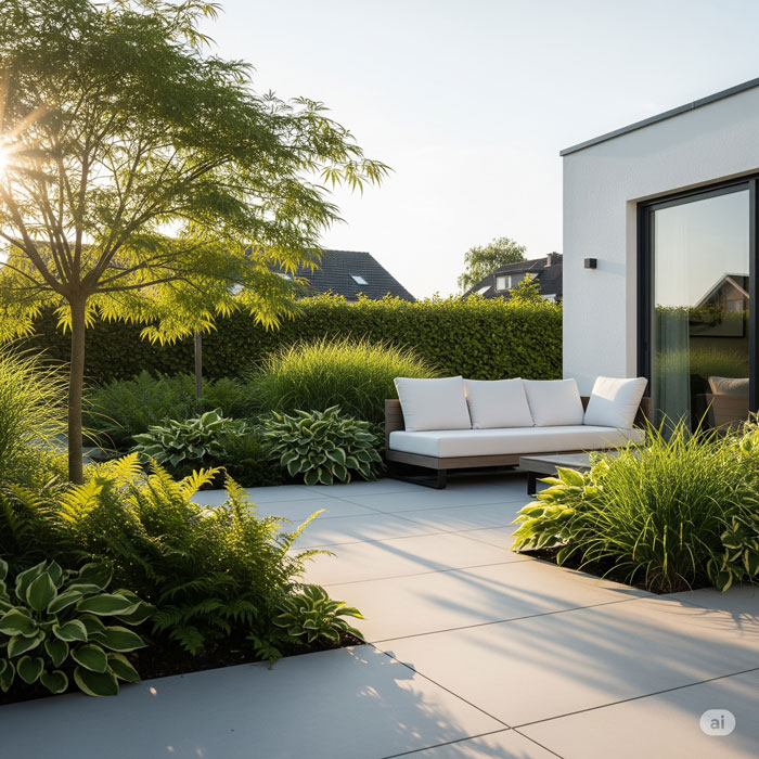 تصویری از یک محوطه باغ مدرن با استفاده از بتن