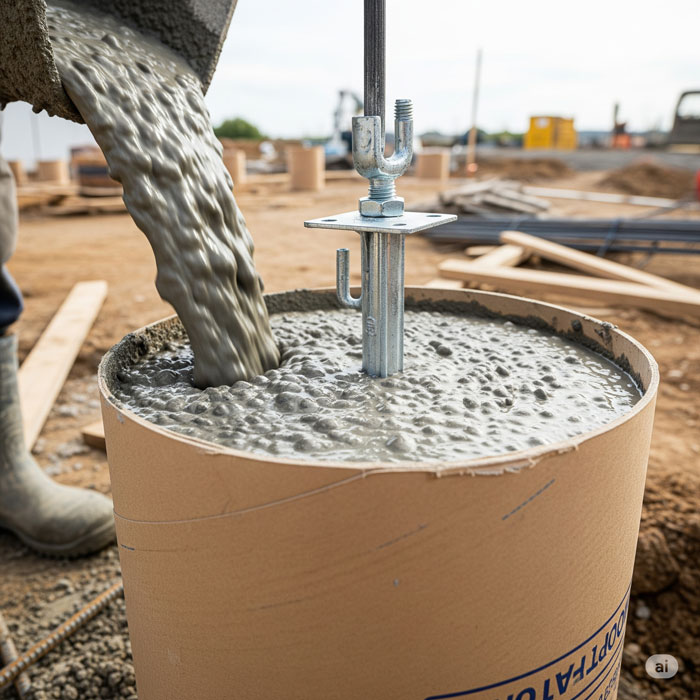 ریختن بتن در قالب‌های فونداسیون که پایه فلزی در آن قرار دارد