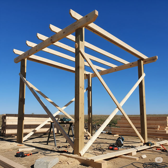 اسکلت چوبی آلاچیق در حال ساخت