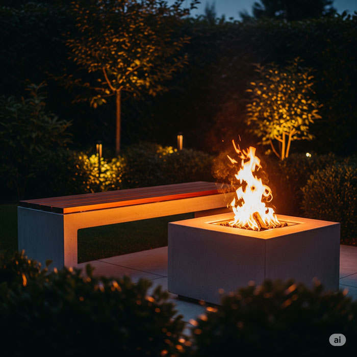 یک نیمکت بتنی مدرن در کنار آتشدان بتنی