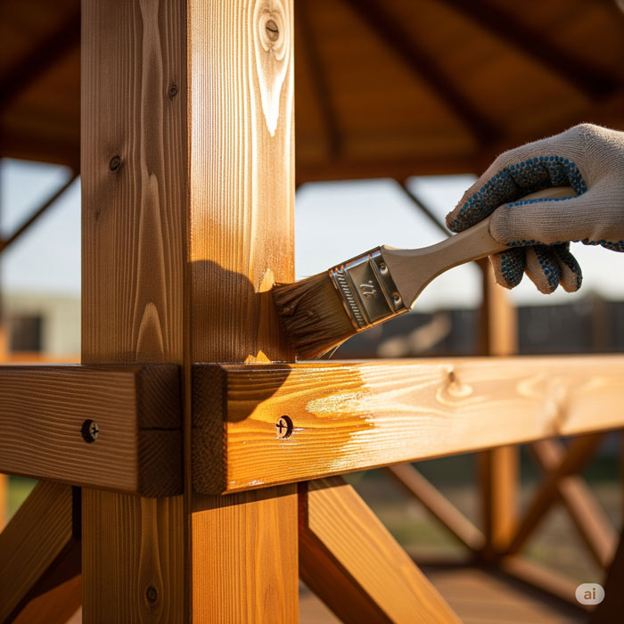 فردی در حال رنگ زدن چوب آلاچیق