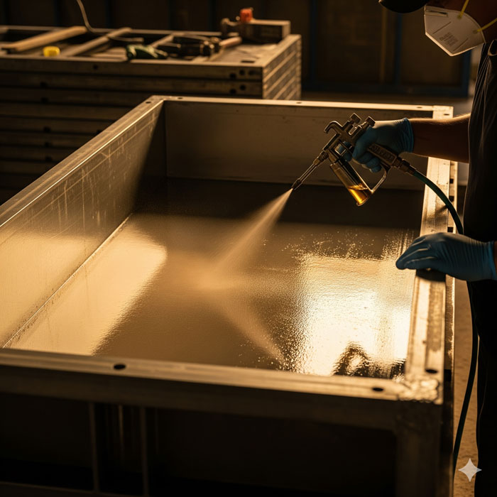 کارگر در حال روغن کاری سطح داخلی قالب فلزی بتن