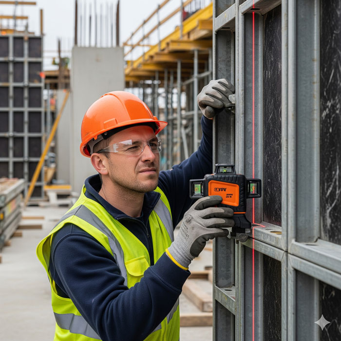 کارگر در حال تراز کردن قالب بتن با لیزر