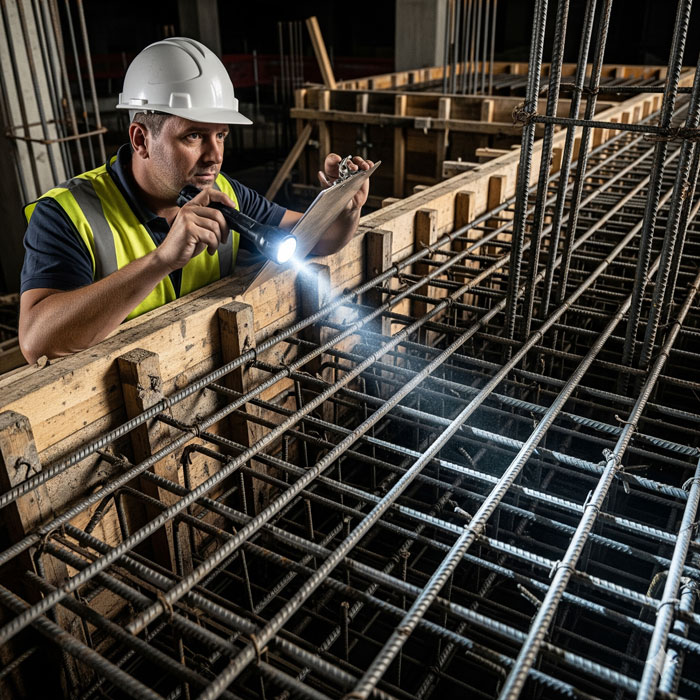 مهندس ناظر در حال بازرسی نهایی قالب قبل از بتن ریزی