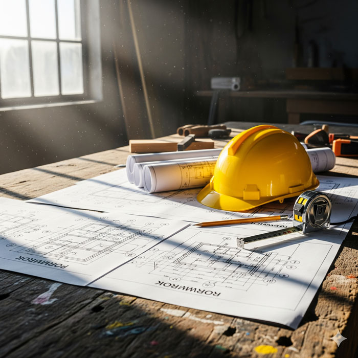 نقشه های مهندسی قالب بندی بتن روی میز کارگاهی