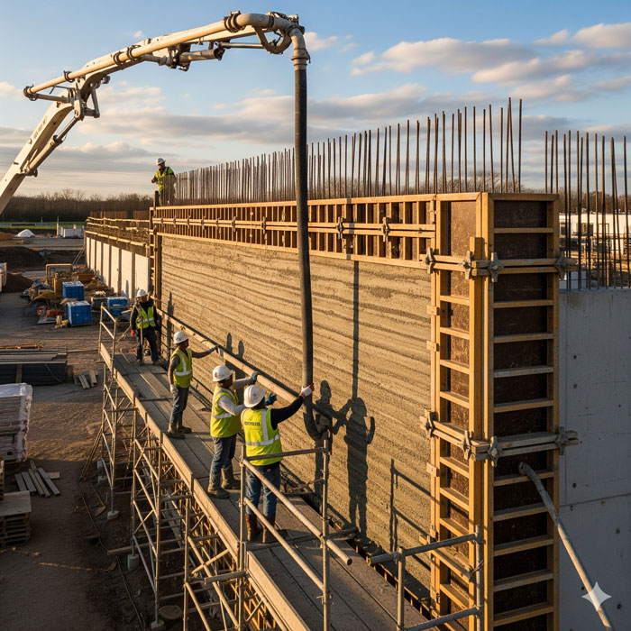 پمپ بتن در حال ریختن بتن به صورت لایه لایه و یکنواخت