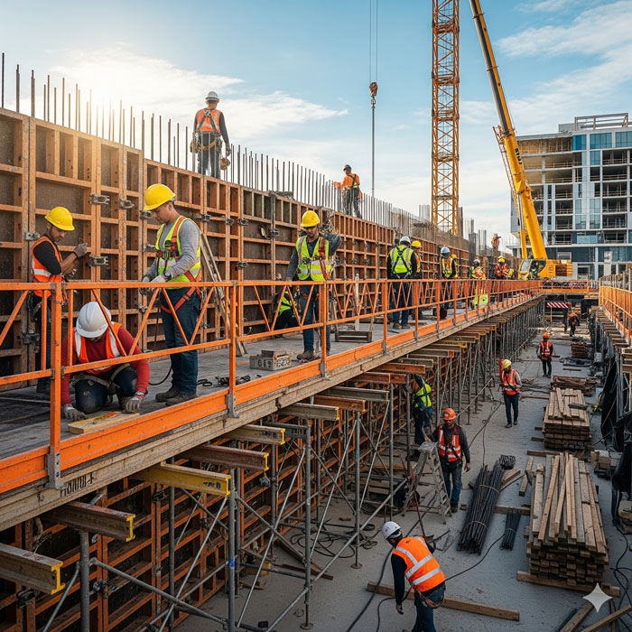 کارگاه ساختمانی ایمن با کارگران مجهز به وسایل حفاظت فردی