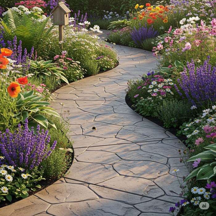 مسیر بتنی منحنی و طبیعی در باغ